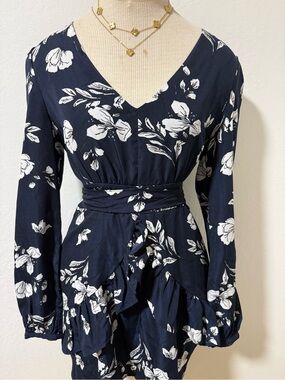 Floral V-Neck Wrap Dress - Navy & White